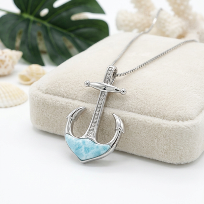 Hawaiian Nautical Anchor Larimar Stone Pendant Necklace - 925 Sterling Silver