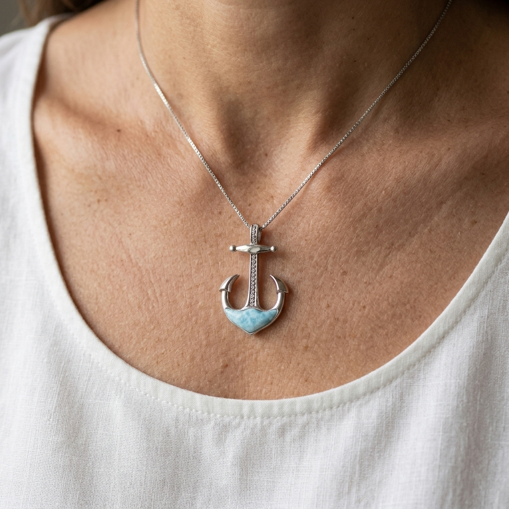 Hawaiian Nautical Anchor Larimar Stone Pendant Necklace - 925 Sterling Silver