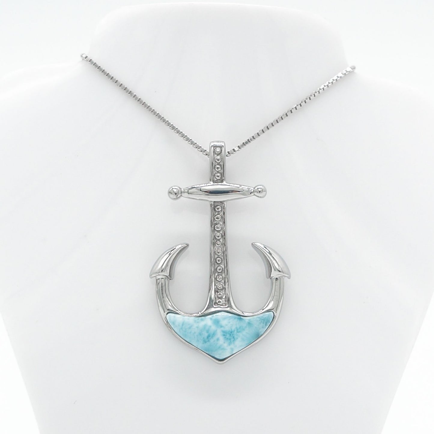 Hawaiian Nautical Anchor Larimar Stone Pendant Necklace - 925 Sterling Silver