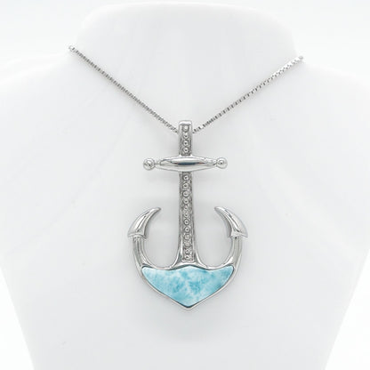 Hawaiian Nautical Anchor Larimar Stone Pendant Necklace - 925 Sterling Silver
