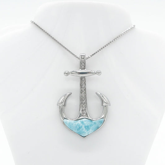Hawaiian Nautical Anchor Larimar Stone Pendant Necklace - 925 Sterling Silver