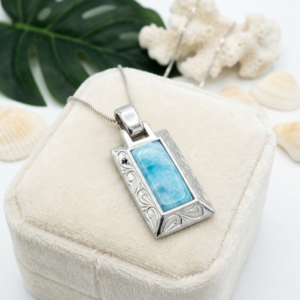 Hawaiian Scroll Bar Larimar Stone Pendant Necklace - 925 Sterling Silver
