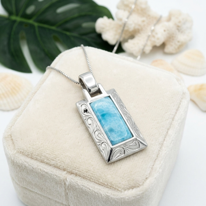Hawaiian Scroll Bar Larimar Stone Pendant Necklace - 925 Sterling Silver