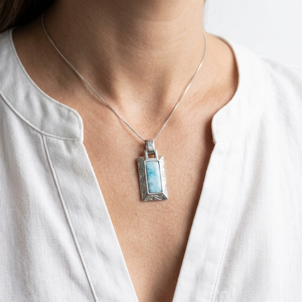 Hawaiian Scroll Bar Larimar Stone Pendant Necklace - 925 Sterling Silver