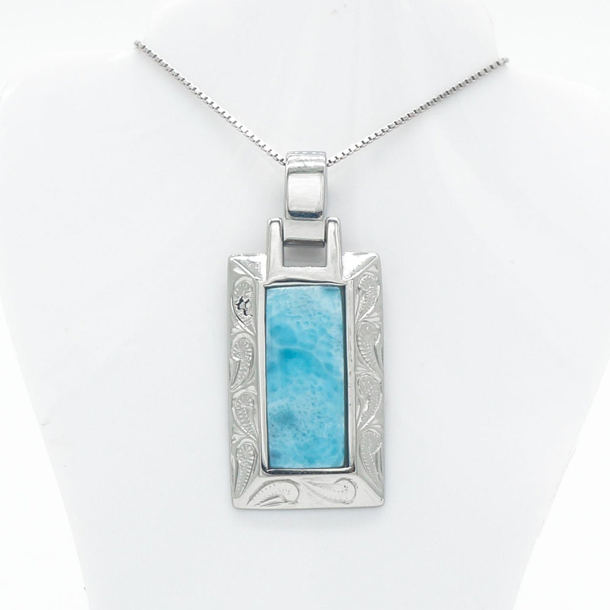 Hawaiian Scroll Bar Larimar Stone Pendant Necklace - 925 Sterling Silver