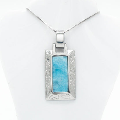 Hawaiian Scroll Bar Larimar Stone Pendant Necklace - 925 Sterling Silver