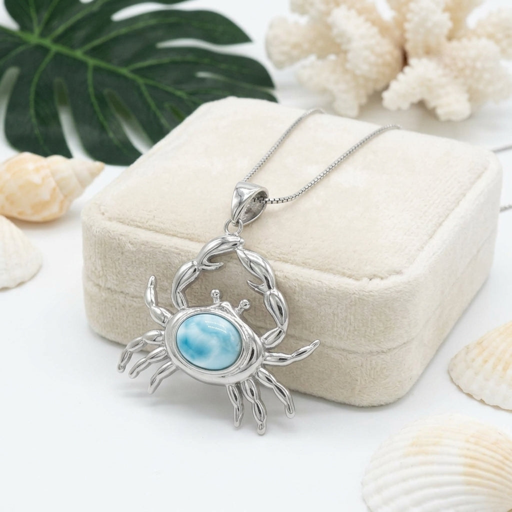 Hawaiian Ocean Crab Larimar Stone Pendant Necklace - 925 Sterling Silver