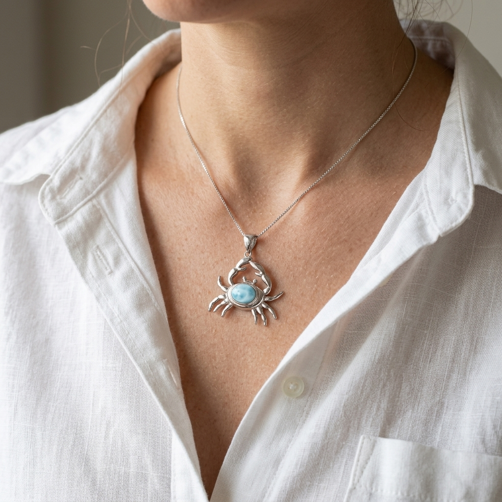 Hawaiian Ocean Crab Larimar Stone Pendant Necklace - 925 Sterling Silver
