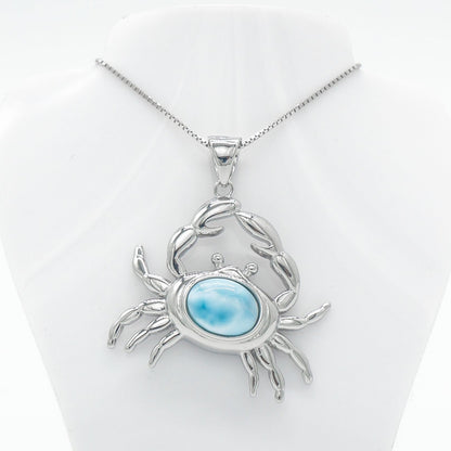 Hawaiian Ocean Crab Larimar Stone Pendant Necklace - 925 Sterling Silver
