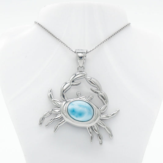 Hawaiian Ocean Crab Larimar Stone Pendant Necklace - 925 Sterling Silver