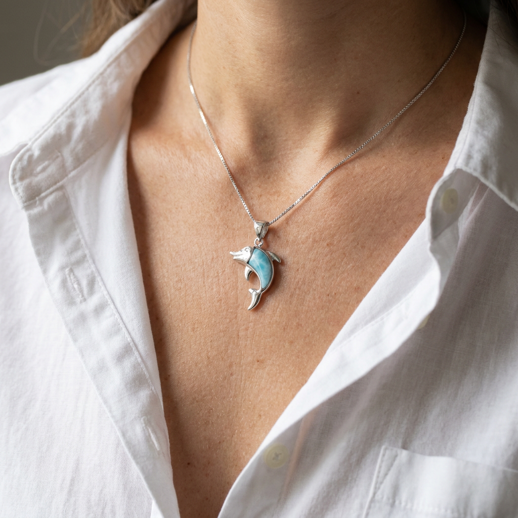 Hawaiian Dolphin Larimar Stone Ocean Pendant Necklace - 925 Sterling Silver