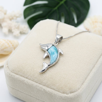Hawaiian Ocean Dolphin Larimar Stone Pendant Necklace - 925 Sterling Silver