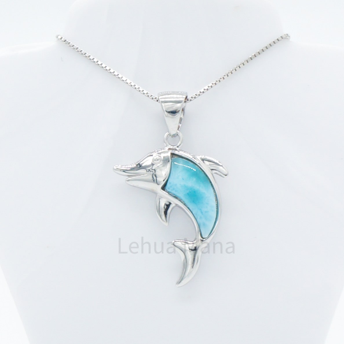 925 Silver Larimar Dolphin Seashell Necklace, Larimar Necklace, 925 Sterling Silver Jewelry, Dolphin Necklace