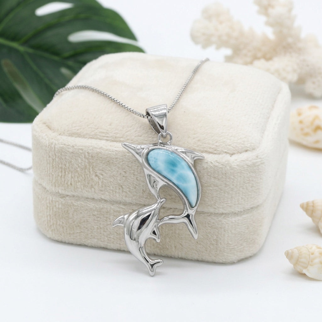 Hawaiian Double Dolphin Larimar Stone Pendant Necklace - 925 Sterling Silver