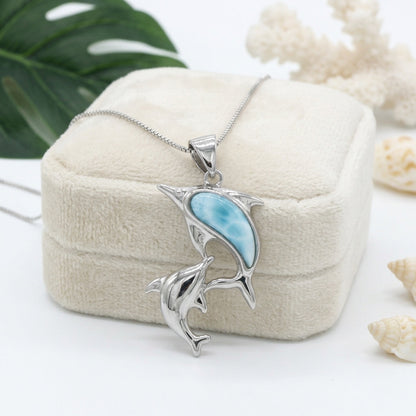 Hawaiian Double Dolphin Larimar Stone Pendant Necklace - 925 Sterling Silver