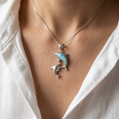 Hawaiian Double Dolphin Larimar Stone Pendant Necklace - 925 Sterling Silver