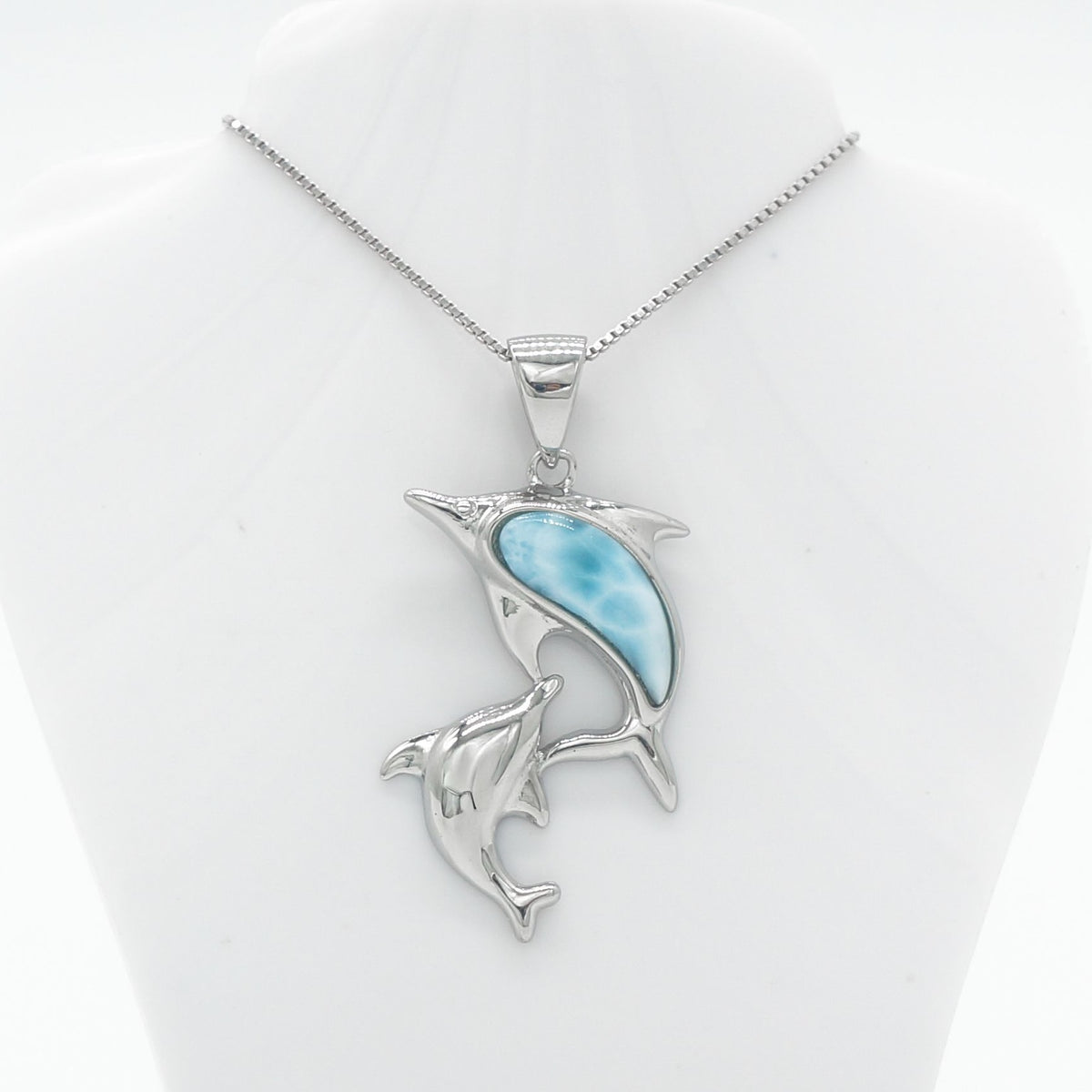 Hawaiian Double Dolphin Larimar Stone Pendant Necklace - 925 Sterling Silver