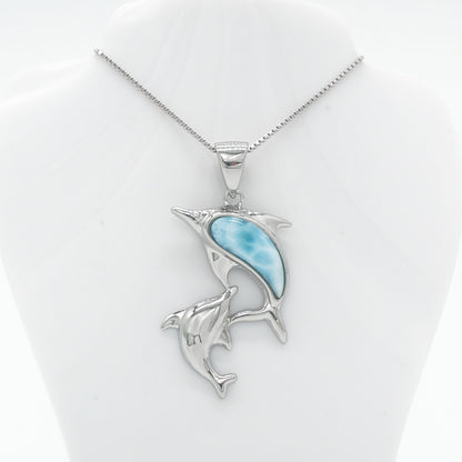 Hawaiian Double Dolphin Larimar Stone Pendant Necklace - 925 Sterling Silver