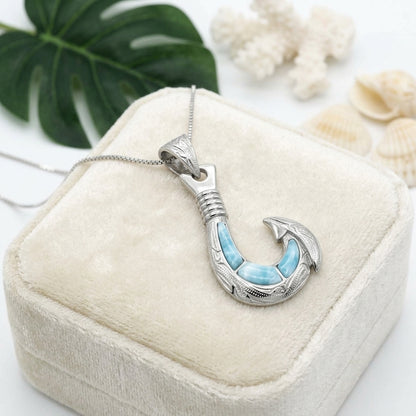 Hawaiian Fish Hook Larimar Stone Pendant Necklace - 925 Sterling Silver