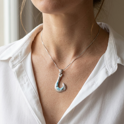Hawaiian Fish Hook Larimar Stone Pendant Necklace - 925 Sterling Silver