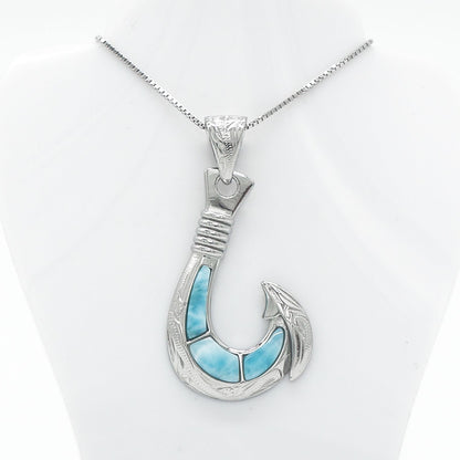 Hawaiian Fish Hook Larimar Stone Pendant Necklace - 925 Sterling Silver