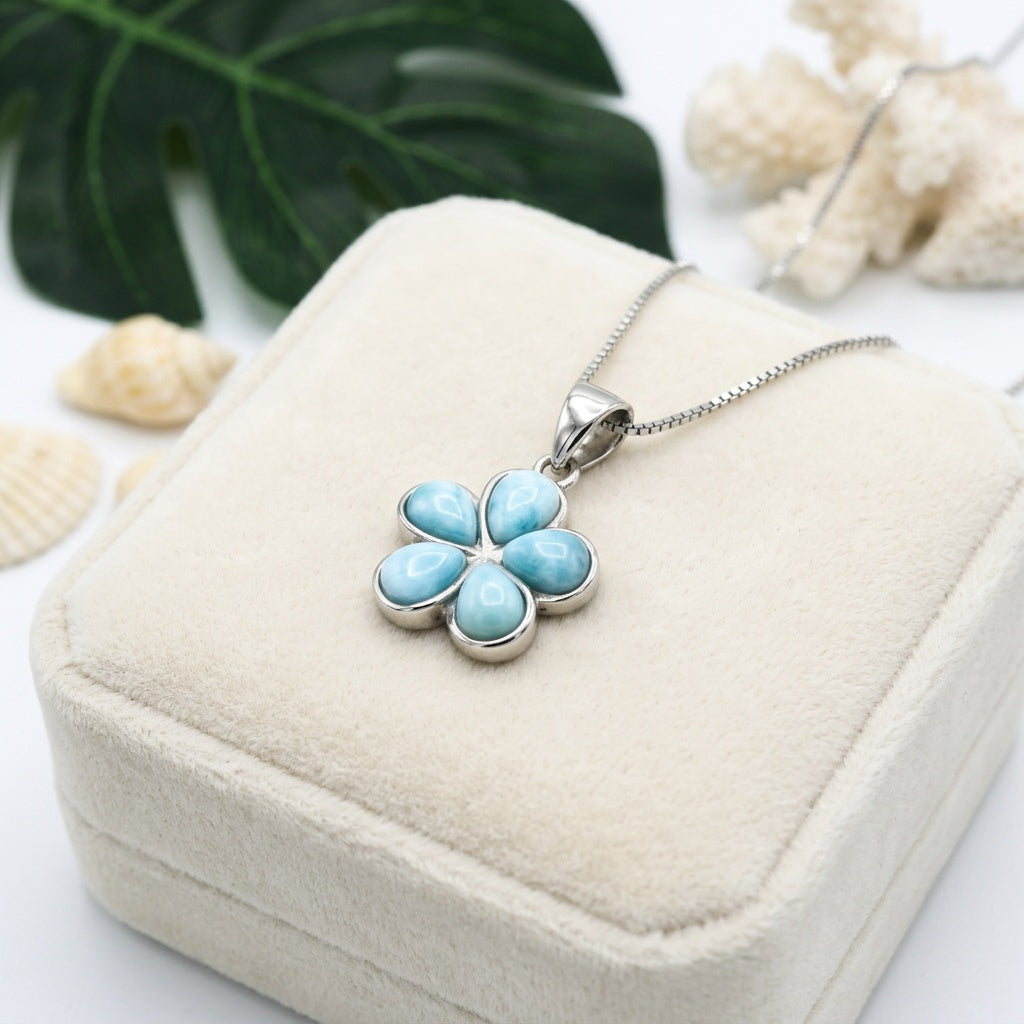 Hawaiian Plumeria Flower Larimar Stone Pendant Necklace - 925 Sterling Silver