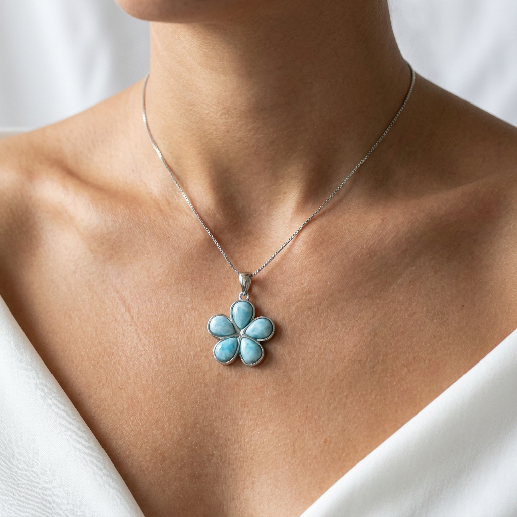 925 Sterling Silver Genuine Larimar Stone Plumeria Flower Pendant Necklace