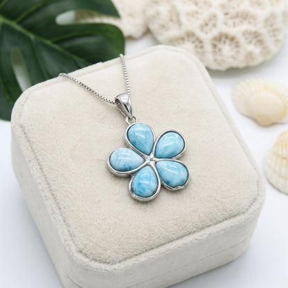 Hawaiian Plumeria Flower Larimar Stone Pendant Necklace - 925 Sterling Silver