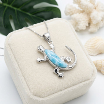 Hawaiian Gecko Lizard Larimar Stone Pendant Necklace - 925 Sterling Silver