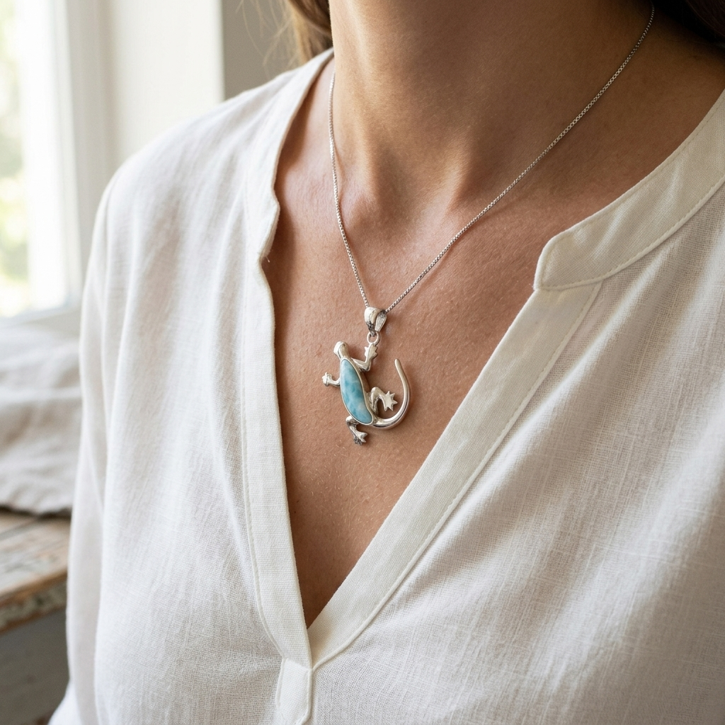 Hawaiian Gecko Lizard Larimar Stone Pendant Necklace - 925 Sterling Silver