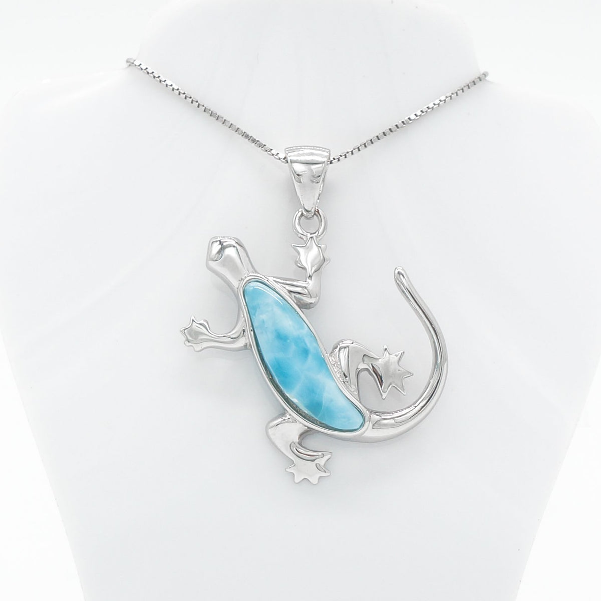 Hawaiian Gecko Lizard Larimar Stone Pendant Necklace - 925 Sterling Silver