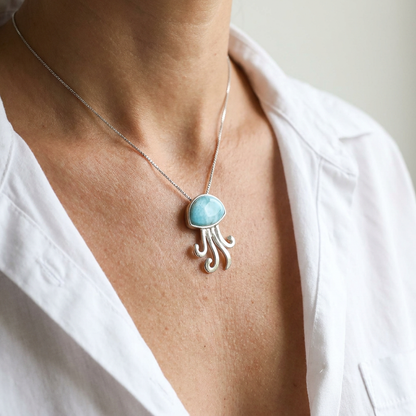 925 Sterling Silver Genuine Larimar Stone Jellyfish Pendant Necklace