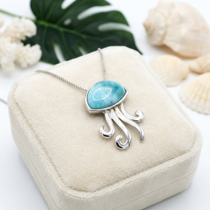 Hawaiian Ocean Jellyfish Larimar Stone Pendant Necklace - 925 Sterling Silver