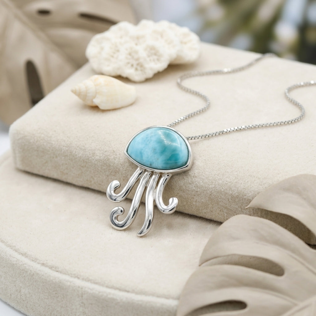 Hawaiian Ocean Jellyfish Larimar Stone Pendant Necklace - 925 Sterling Silver