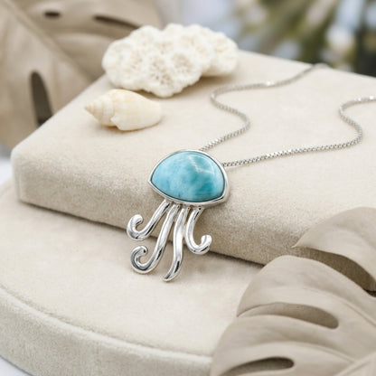 Hawaiian Ocean Jellyfish Larimar Stone Pendant Necklace - 925 Sterling Silver