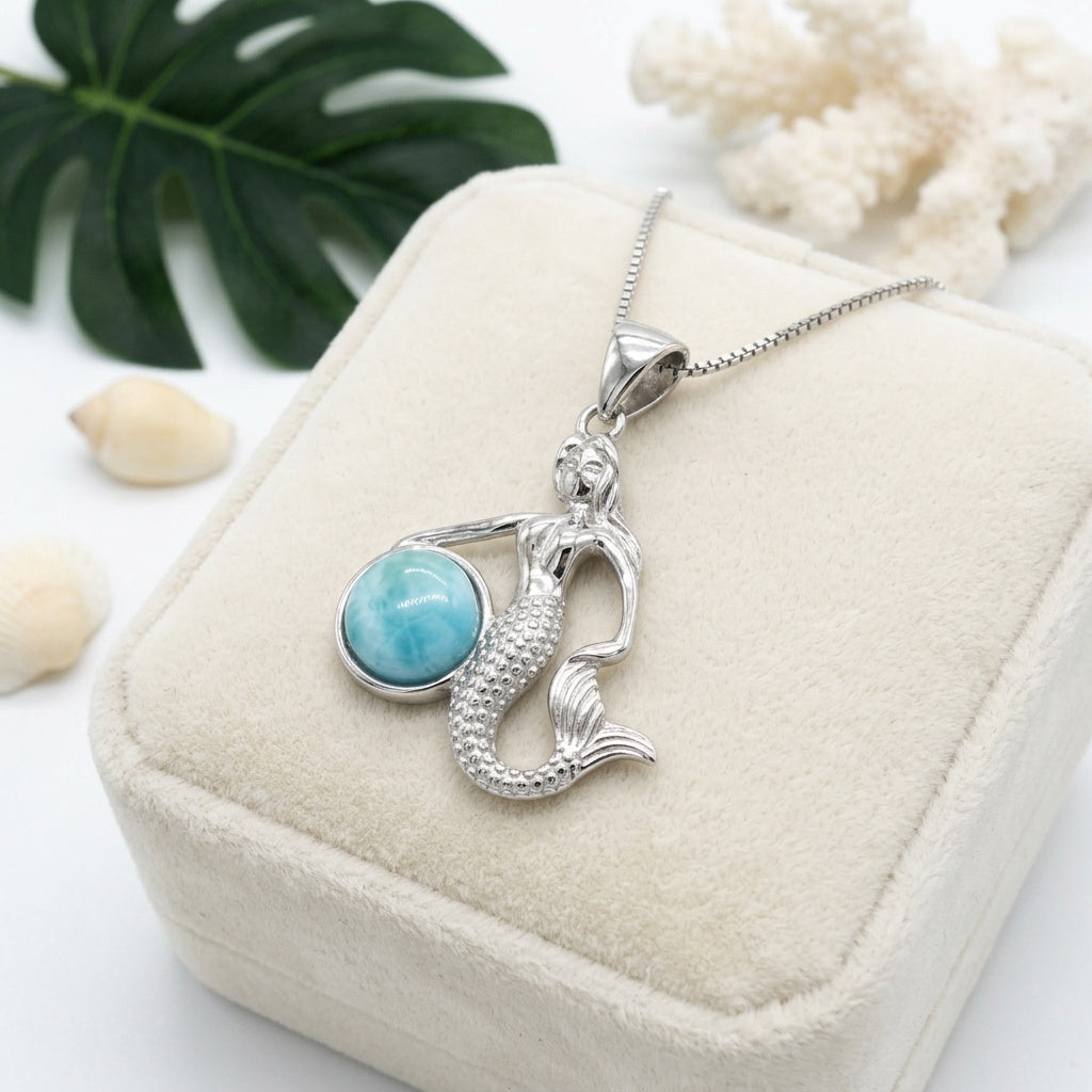Hawaiian Ocean Mermaid Larimar Stone Pendant Necklace - 925 Sterling Silver