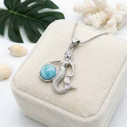 Hawaiian Ocean Mermaid Larimar Stone Pendant Necklace - 925 Sterling Silver