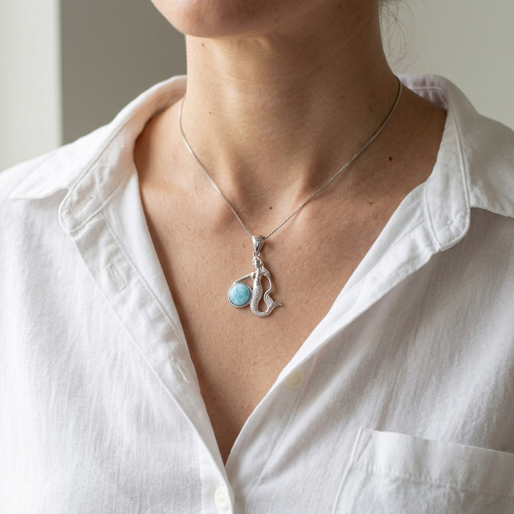 Hawaiian Ocean Mermaid Larimar Stone Pendant Necklace - 925 Sterling Silver