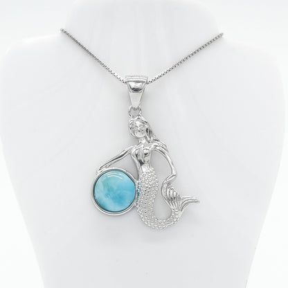 Hawaiian Ocean Mermaid Larimar Stone Pendant Necklace - 925 Sterling Silver