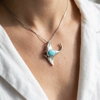 925 Sterling Silver Genuine Larimar Stone Manta Ray Pendant Necklace