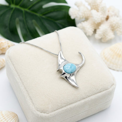 Hawaiian Ocean Manta Ray Larimar Stone Pendant Necklace - 925 Sterling Silver