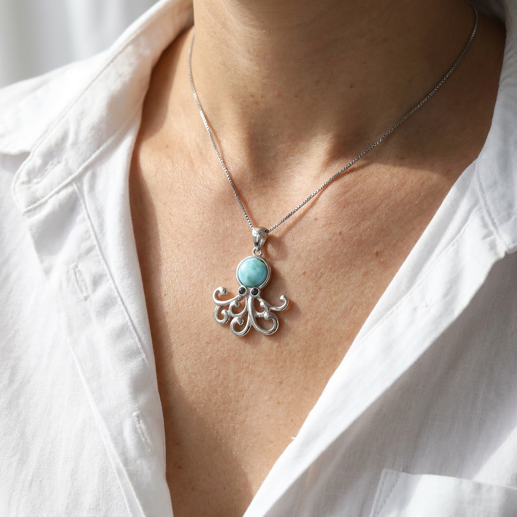 925 Sterling Silver Genuine Larimar Stone Octopus Pendant Necklace