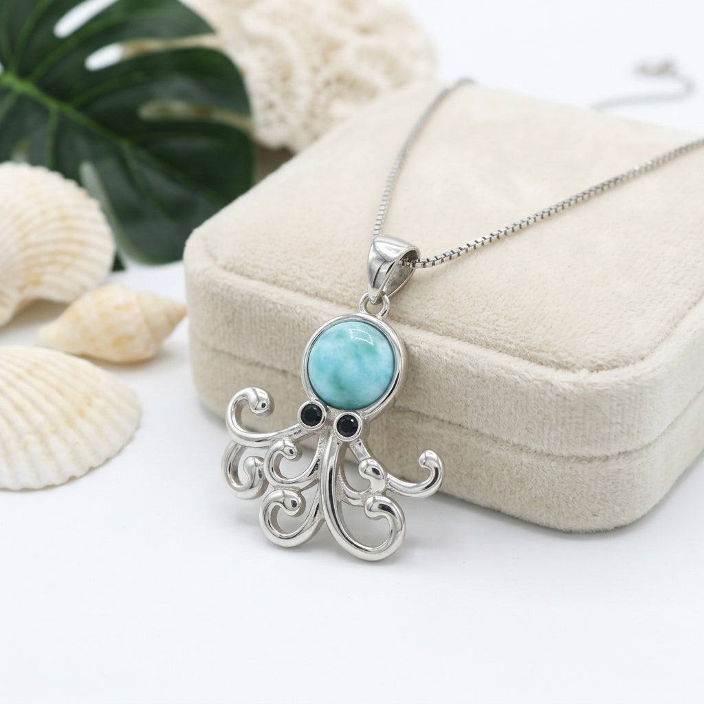 Hawaiian Octopus Larimar Stone Pendant Necklace - 925 Sterling Silver