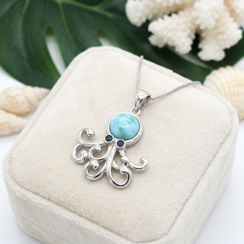 Hawaiian Octopus Larimar Stone Pendant Necklace - 925 Sterling Silver