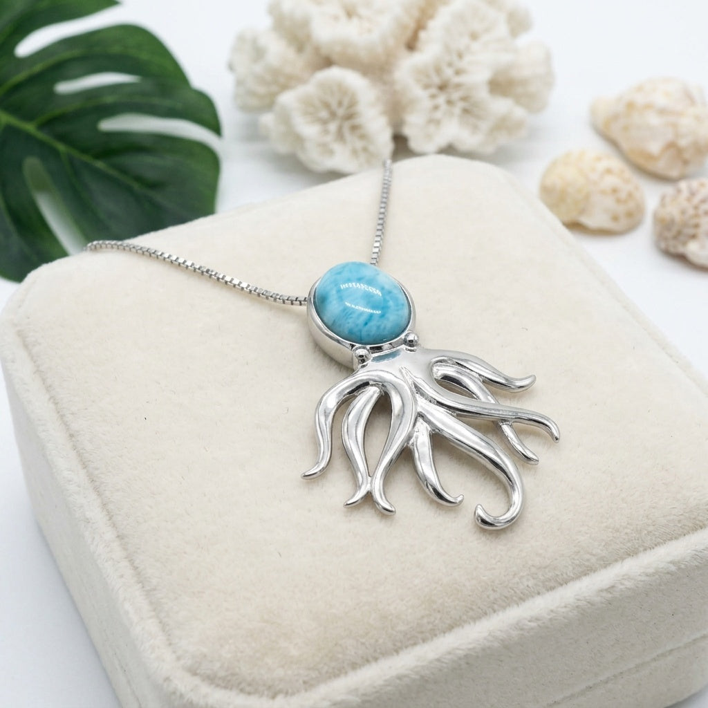 Hawaiian Ocean Octopus Larimar Stone Pendant Necklace - 925 Sterling Silver