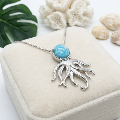 Hawaiian Ocean Octopus Larimar Stone Pendant Necklace - 925 Sterling Silver