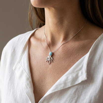 Hawaiian Ocean Octopus Larimar Stone Pendant Necklace - 925 Sterling Silver