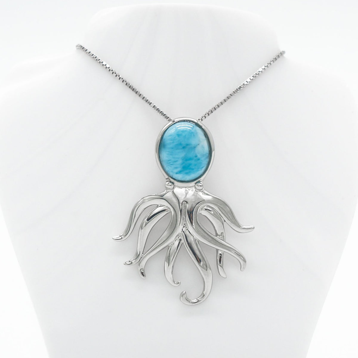 Hawaiian Ocean Octopus Larimar Stone Pendant Necklace - 925 Sterling Silver
