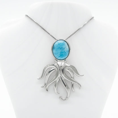 Hawaiian Ocean Octopus Larimar Stone Pendant Necklace - 925 Sterling Silver