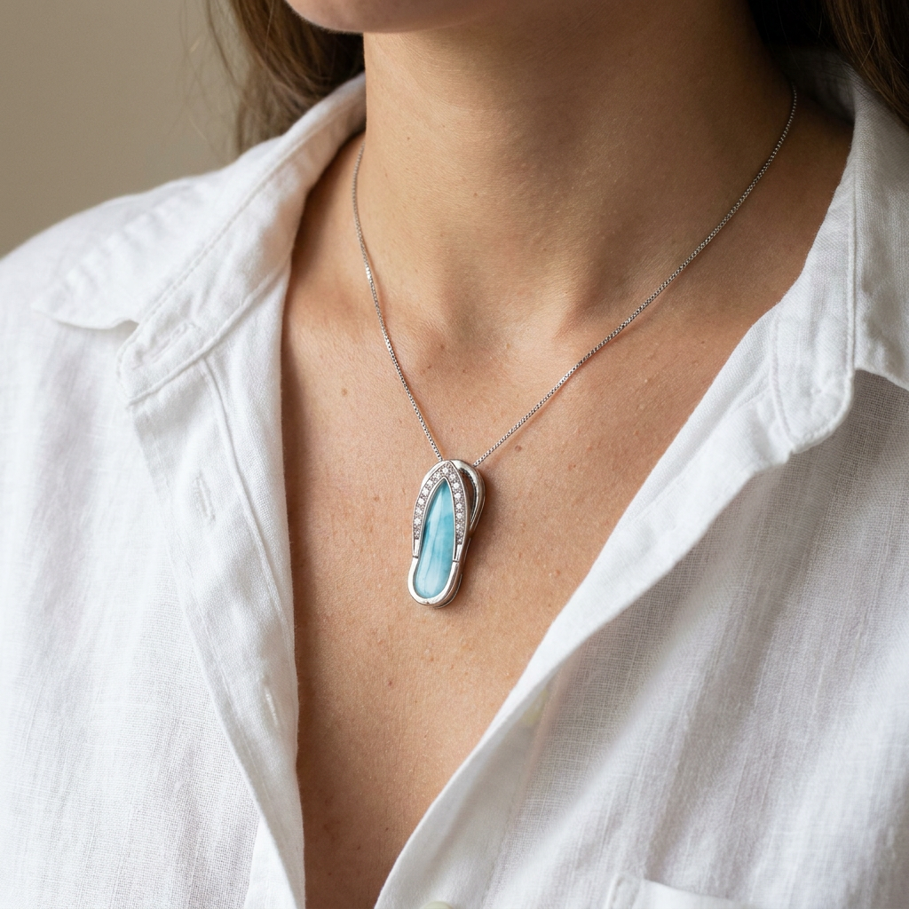 925 Sterling Silver Genuine Larimar Stone CZ Flip-Flop Slipper Pendant Necklace